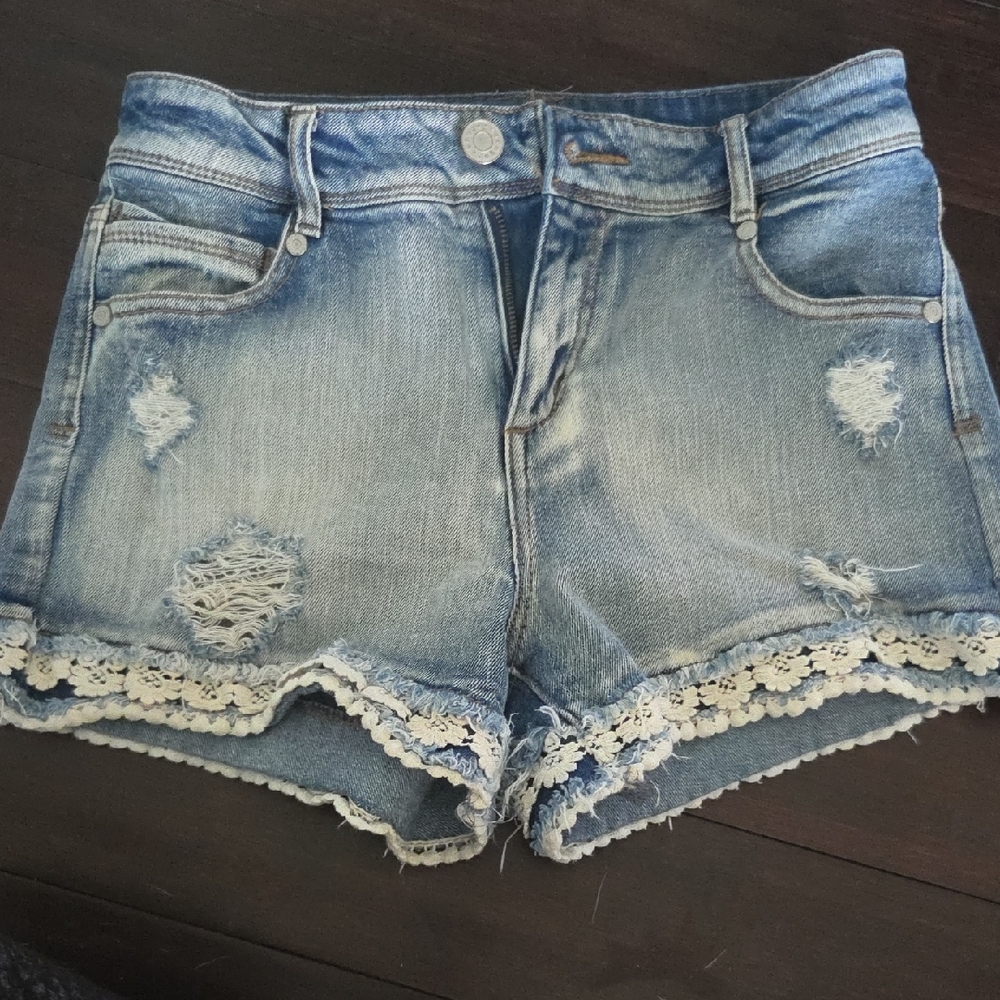 Refuge Blue Distressed Jean Shorts with Lace Trim
